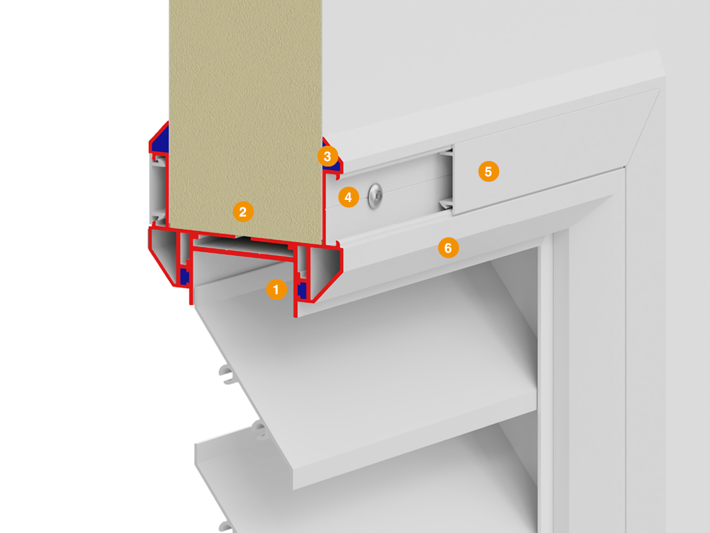 Вентиляционная решетка. Стандартный цвет – RAL 9003 (белый).   1 - профиль алюминиевый ламель решетки 2 - терморазрыв внешнего и внутреннего профиля 3 - герметик силиконовый 4 - заклепка вытяжная крепления профиля 5 - крышка профиля окантовки решетки 6 - профиль алюминиевый с порошковым покрытием